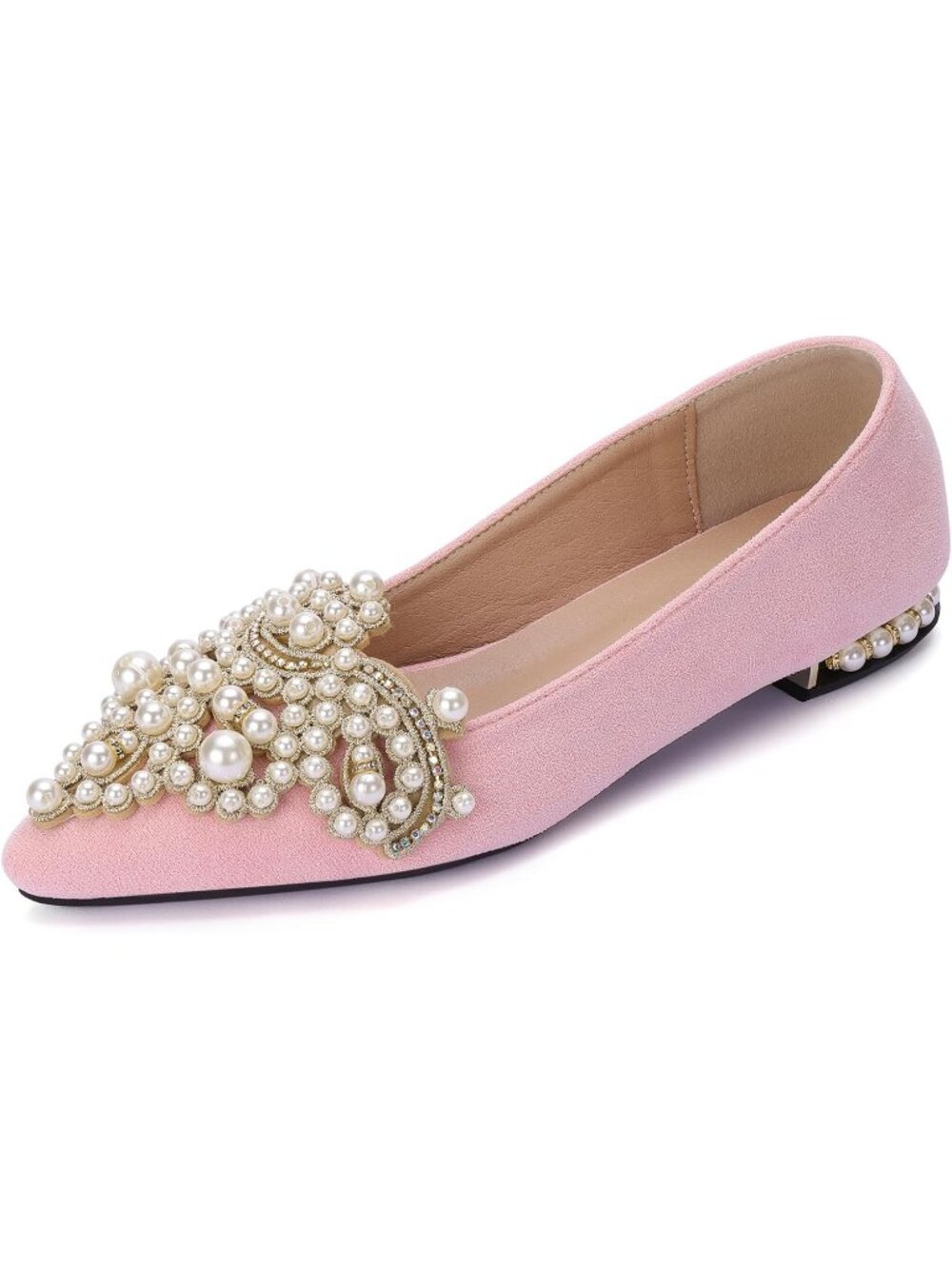 👑Women's Pink Rhinestone Pointed Flat Shoes  Low Heel Wedding Dress Shoes